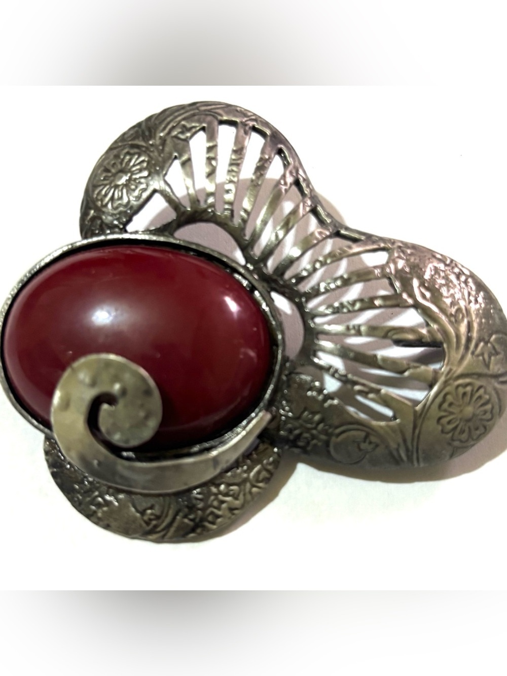 Vintage Silver / burgundy Tone Brooch with Red Oval Cabochon
